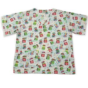 UA Uniform Advantage Scrub Top Womens Medium Santa Christmas Gift Boxes Nurse